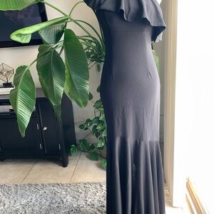 Black Ruffled Gown with One Shoulder and Flutter Sleeves